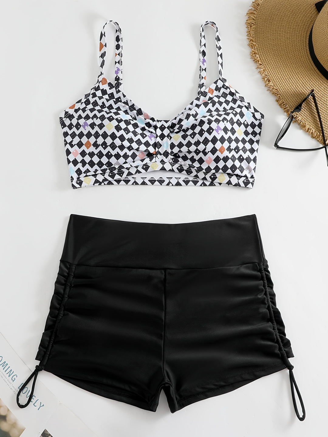 Damen Crop-Bikini Oberteil mit Rüschenbadeshorts EB