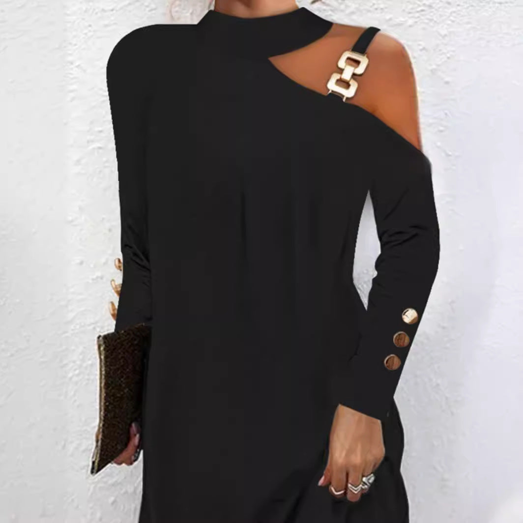 Damen nan asymmetrisches Minikleid mit Stehkragen, Cut-Out-Schulter und Zierkettenträger EB