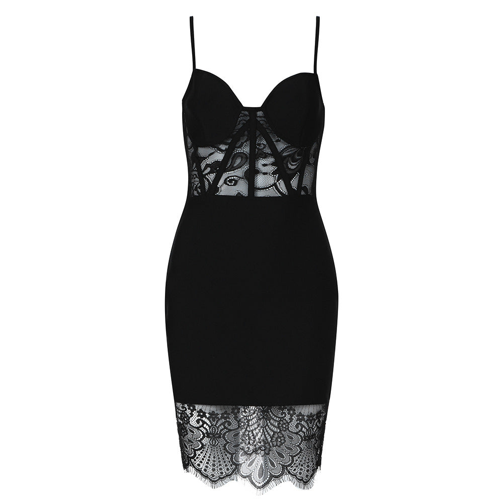 Damen Spitzen- und Satin-Mikrokleid mit eleganter Passform EB