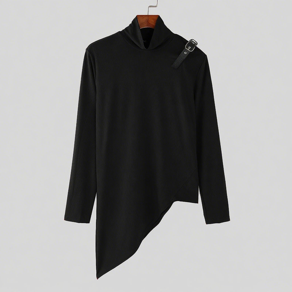 Damen nan asymmetrisches Longsleeve aus Feinstrick mit Stehkragen, diagonalem Saum und verstellbarem Schulterriemen EB
