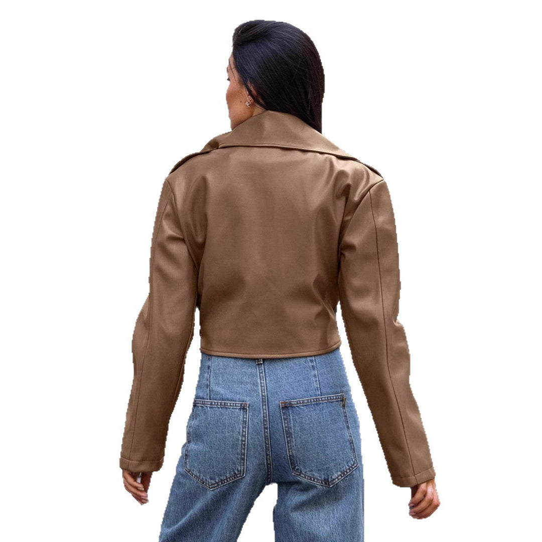 Damen Modische Kunstlederjacke mit taillierter Silhouette und trendy Gürtel EB