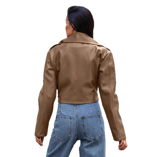Damen Modische Kunstlederjacke mit taillierter Silhouette und trendy Gürtel EB
