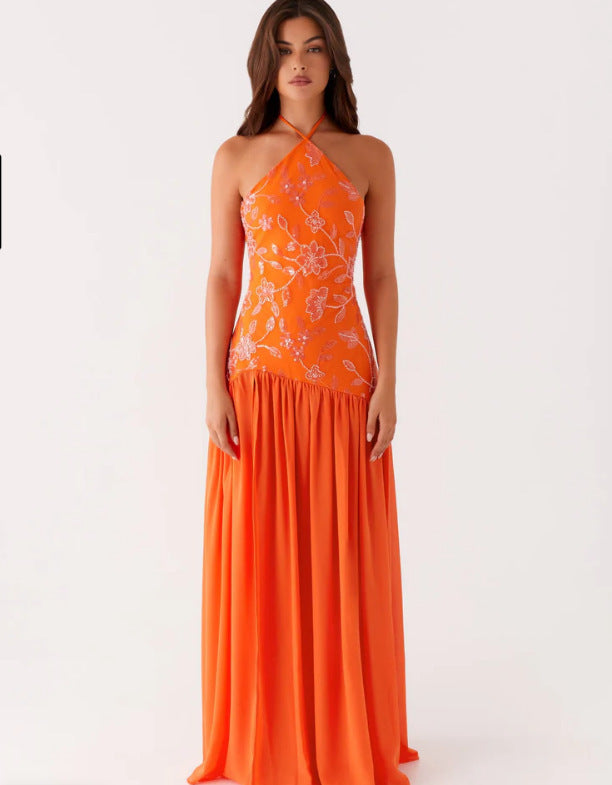 Damen Elegantes Maxikleid mit floralem Print und schwingendem Rock EB