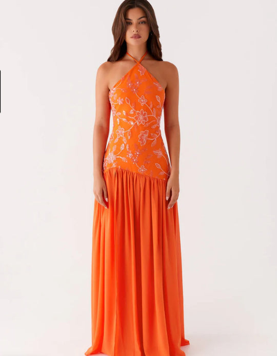 Damen Elegantes Maxikleid mit floralem Print und schwingendem Rock EB