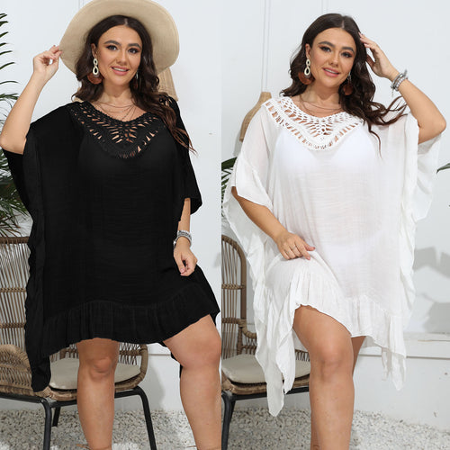 Damen luftiger Strandponcho mit gehäkeltem Ausschnitt EB