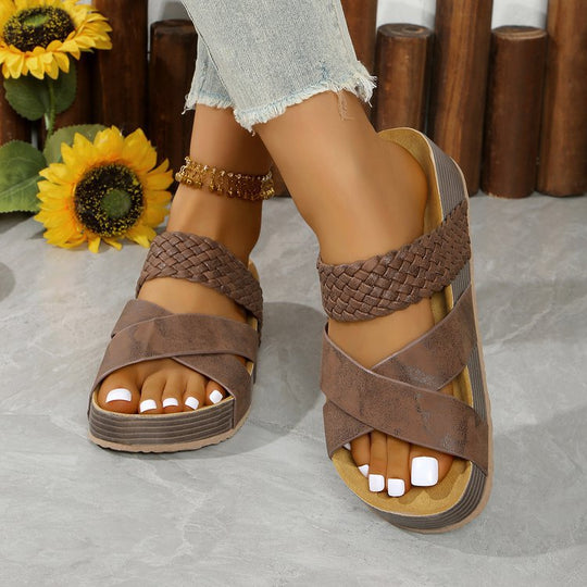 Damen Bequeme Zehentrenner-Sandalen mit geflochtenem Riemendesign und rutschfester Sohle EB