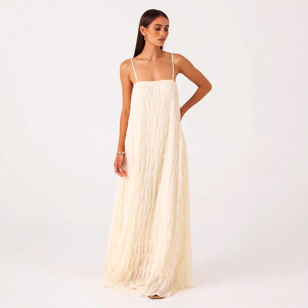 Damen Maxikleid mit romantischem Faltenstruktur und zarten Spaghettiträgern EB