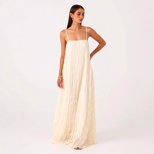 Damen Maxikleid mit romantischem Faltenstruktur und zarten Spaghettiträgern EB