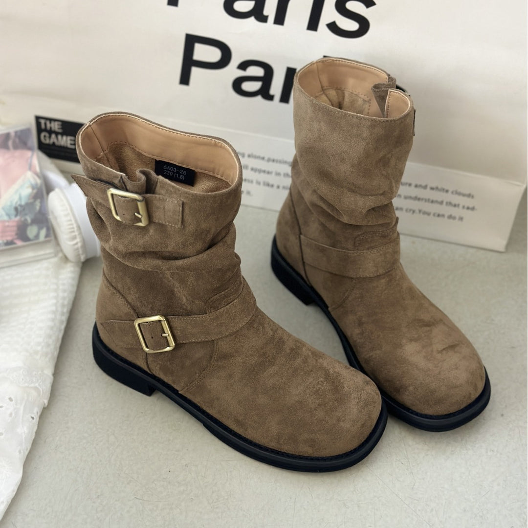Damen modische Stiefel mit elegantem Riemen und rohem Look EB