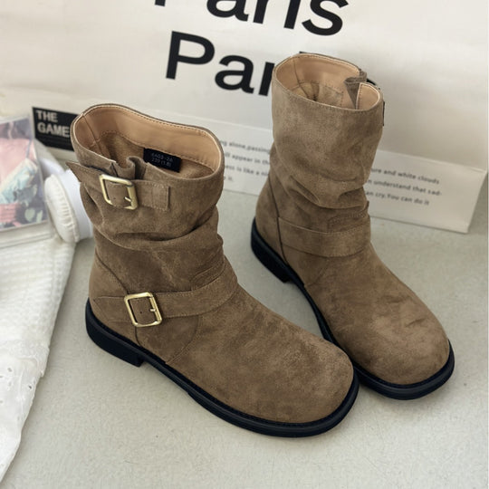 Damen modische Stiefel mit elegantem Riemen und rohem Look EB
