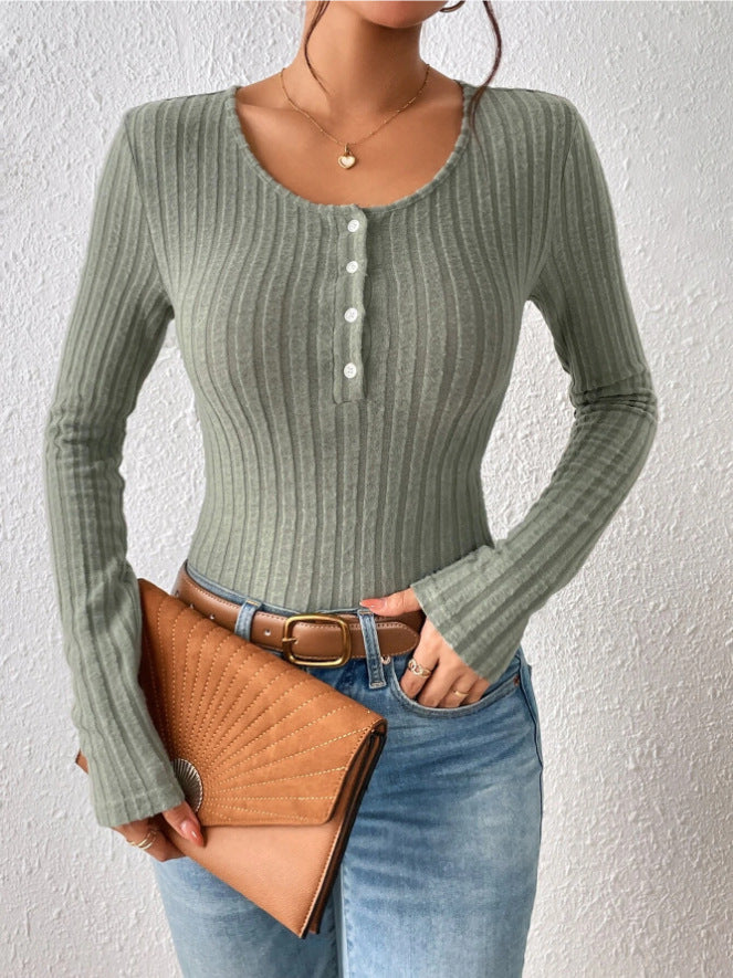 Damen Gerippter Feinstrick-Body mit Henley-Knopfleiste und taillierter Passform EB