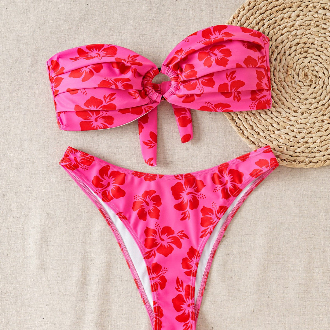 Damen Bandeau-Bikini-Set mit verziertem Knoten und floralem Muster EB