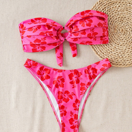 Damen Bandeau-Bikini-Set mit verziertem Knoten und floralem Muster EB