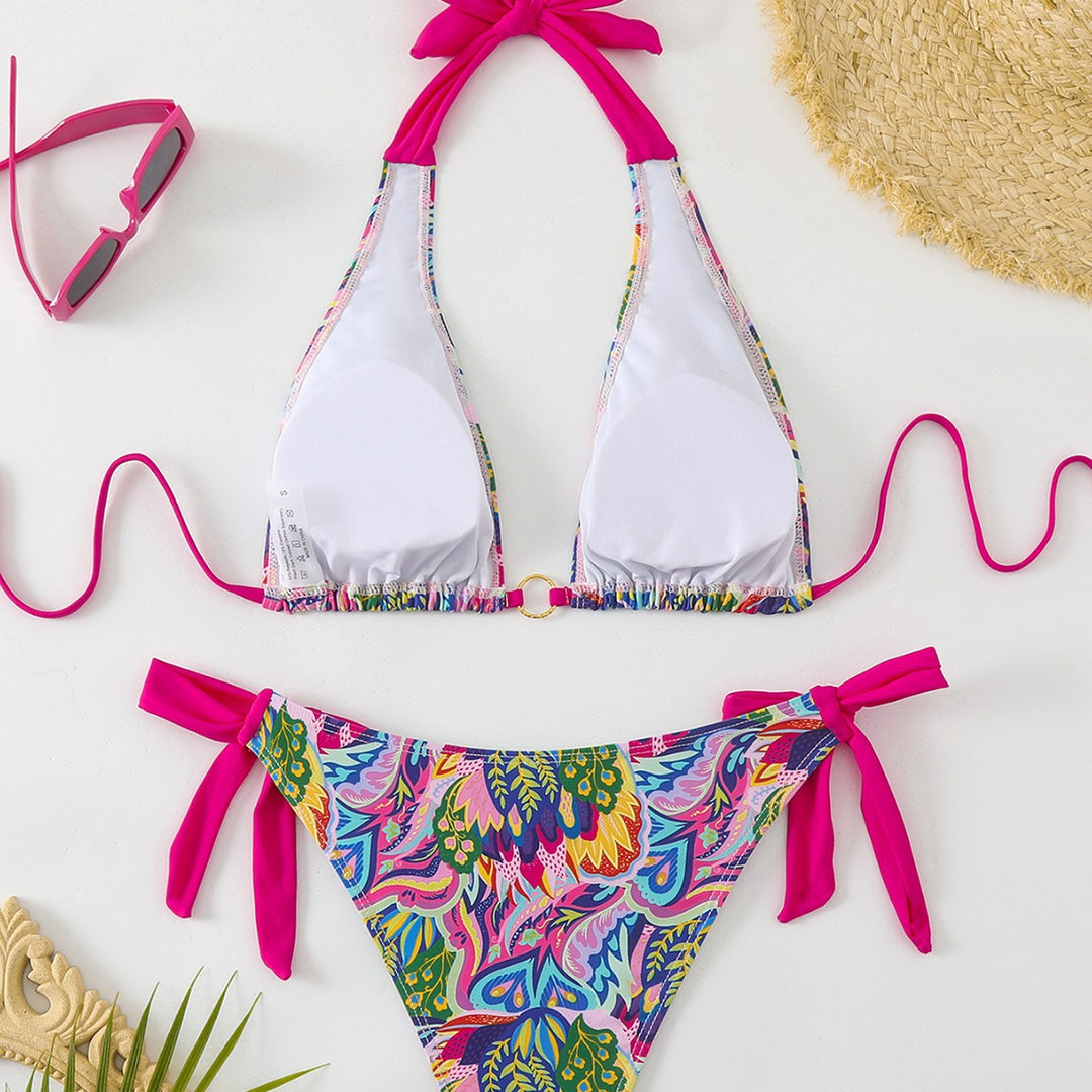 Damen Triangel-Bikini mit modischem Bindeband und auffälligem Mustermix EB