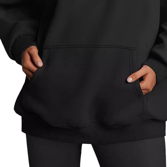 Damen nan Relax-Fleece Kapuzenpullover mit Kängurutasche, verlängerter Rücken und überschnittener Schulter EB