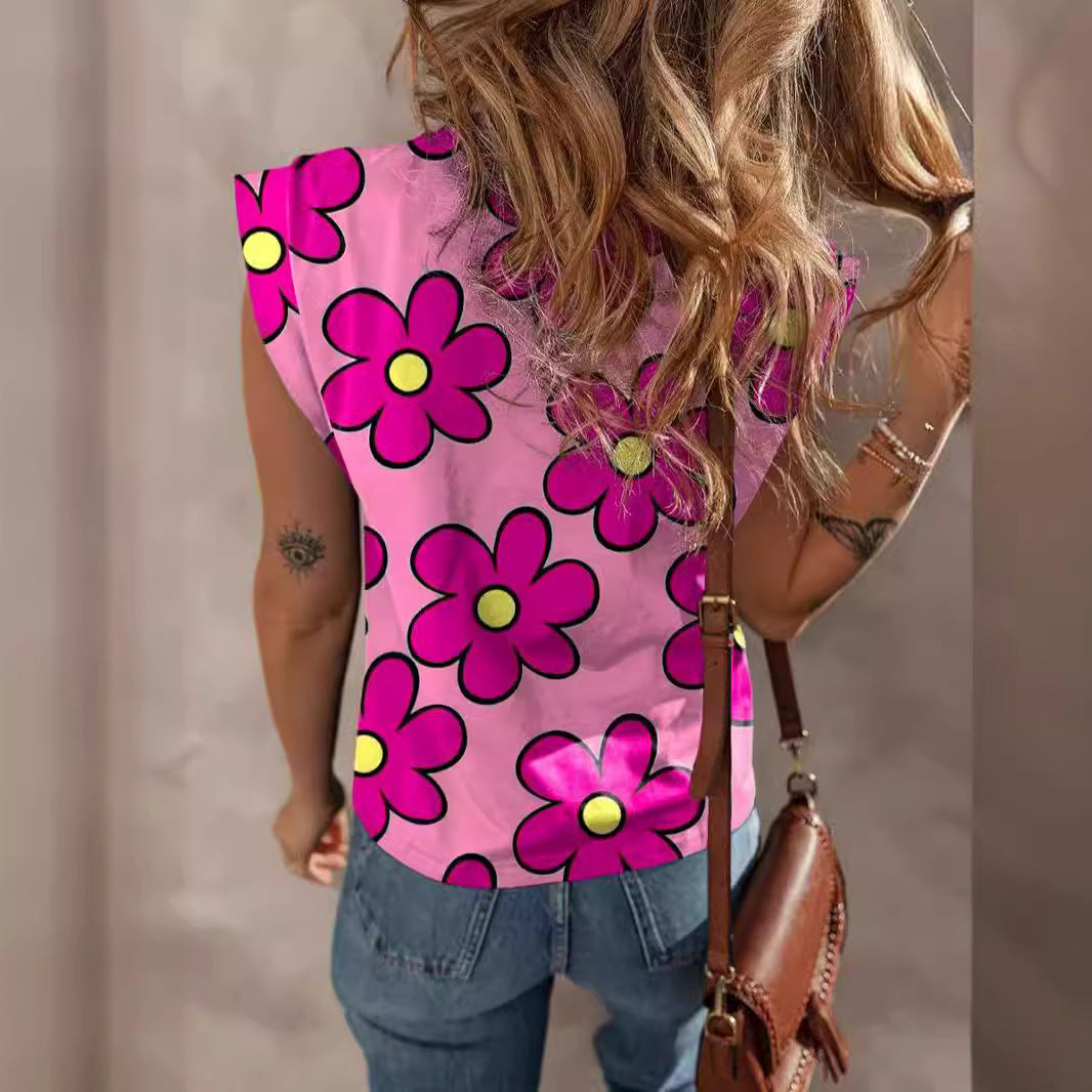 Damen lässiges T-Shirt mit lebhaftem Blumenmuster und voluminösen Ärmeln EB