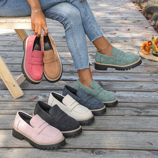 Damen robuste Loafer mit markanter Profilsohle, weichem Veloursoptik-Obermaterial und gepolstertem Komfortfußbett EB
