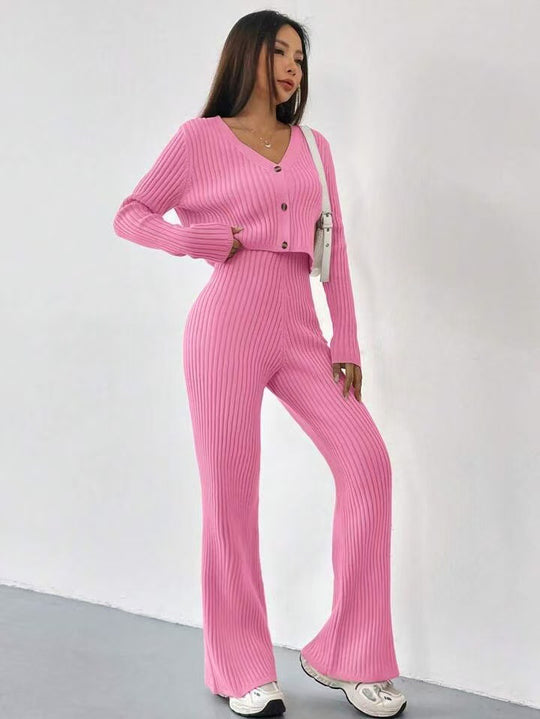 Damen Strick-Ensemble mit V-Ausschnitt und weitem Bein EB