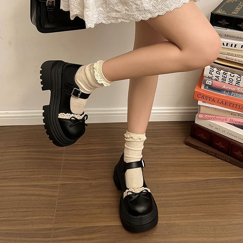 Damen Chunky Mary-Jane Plateauschuhe mit Riemen, Zierschleife und Spitzenbesatz EB
