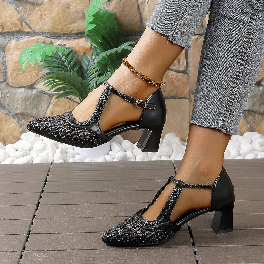 Damen elegante T-strap Sandaletten mit geflochtenem Design und komfortablem Blockabsatz EB