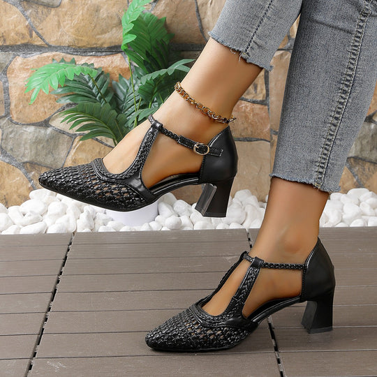 Damen elegante T-strap Sandaletten mit geflochtenem Design und komfortablem Blockabsatz EB