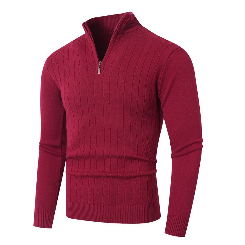 Herren nan gerippter Halbzip-Pullover mit Zopfmuster, Stehkragen und schmaler Passform EB