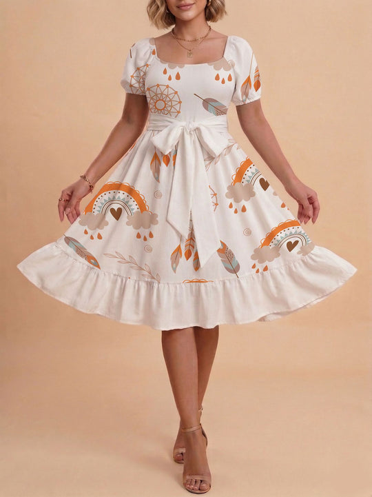 Damen Verspieltes Maxikleid mit Bärenmuster und taillierbarem Band EB