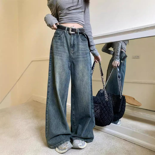 Damen Weite Denim-Hose mit hohem Bund und lässiger Passform EB