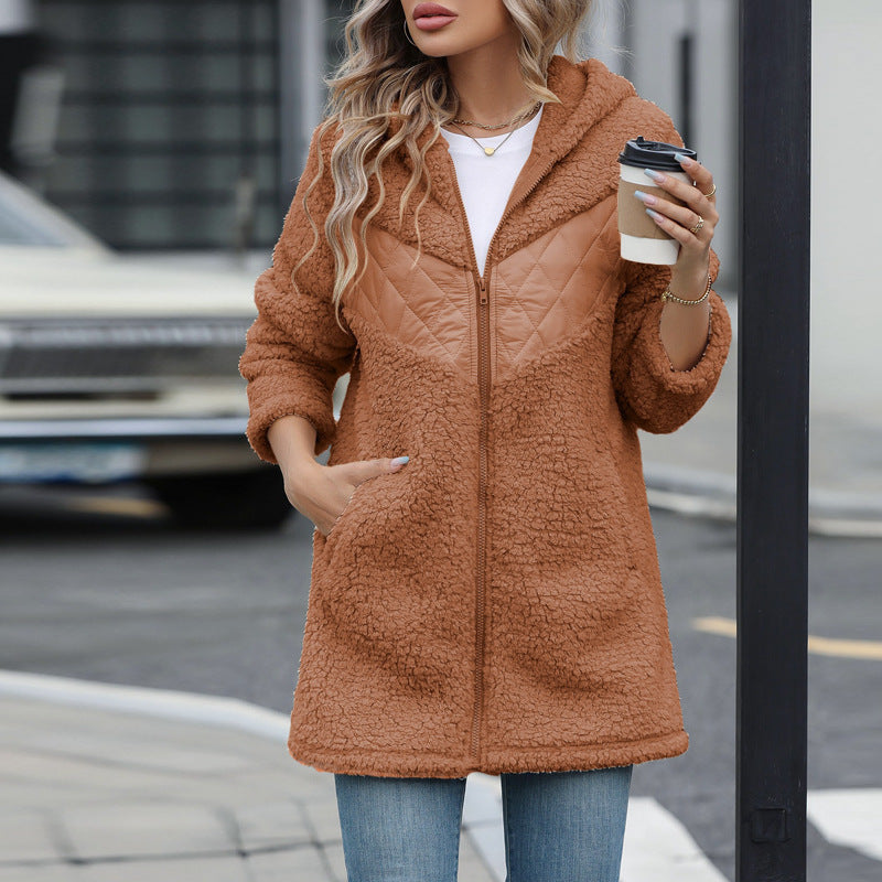 Damen Oversized Teddyjacke mit Kapuze und praktischen Taschen EB