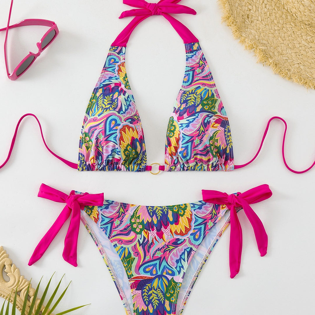 Damen Bikini-Set mit buntem Floral-Design und verstellbaren Bindebändern EB