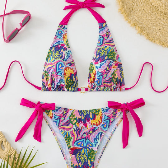Damen Bikini-Set mit buntem Floral-Design und verstellbaren Bindebändern EB