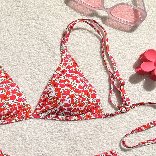 Damen Triangel-Bikini mit verstellbaren Riemen und buntem Blumenmuster EB