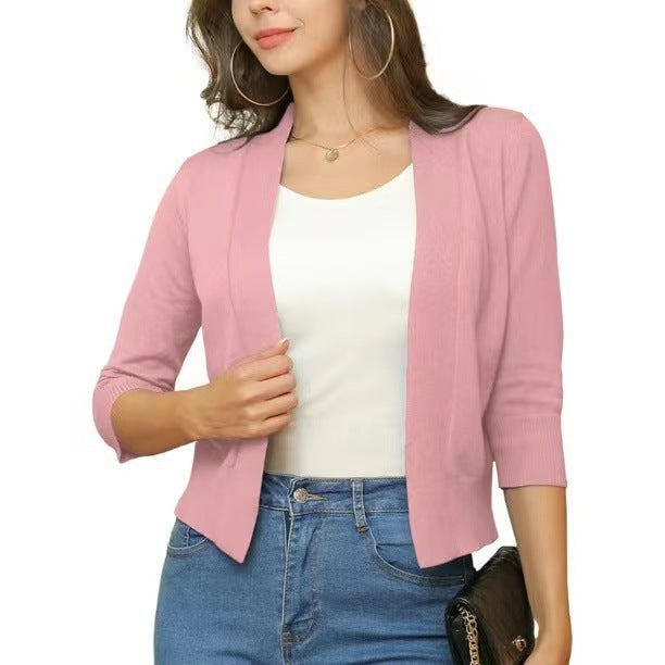 Damen nan offener Kurzcardigan mit dreiviertelärmeln und elastischem Saum EB