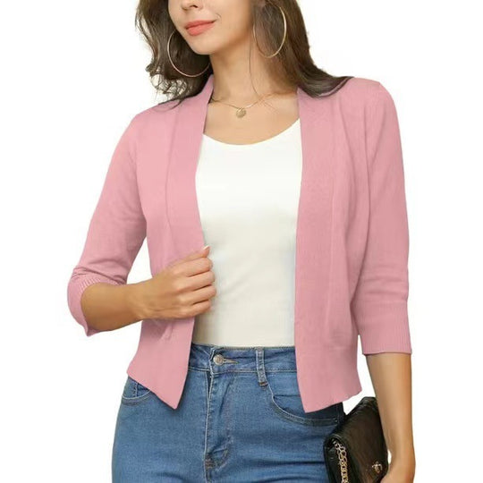 Damen nan offener Kurzcardigan mit dreiviertelärmeln und elastischem Saum EB