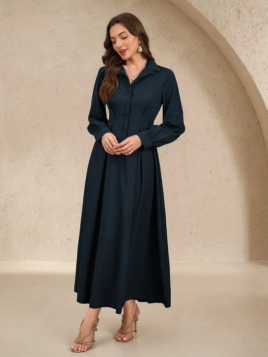 Damen nan langes Hemdblusenkleid mit Taillengürtel, verdeckter Knopfleiste und ballonärmeln EB