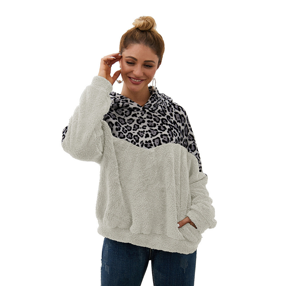 Damen Gemütlicher Teddy-Pullover mit Kapuze und Leopardenmuster EB