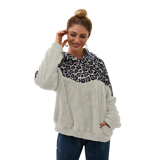Damen Gemütlicher Teddy-Pullover mit Kapuze und Leopardenmuster EB