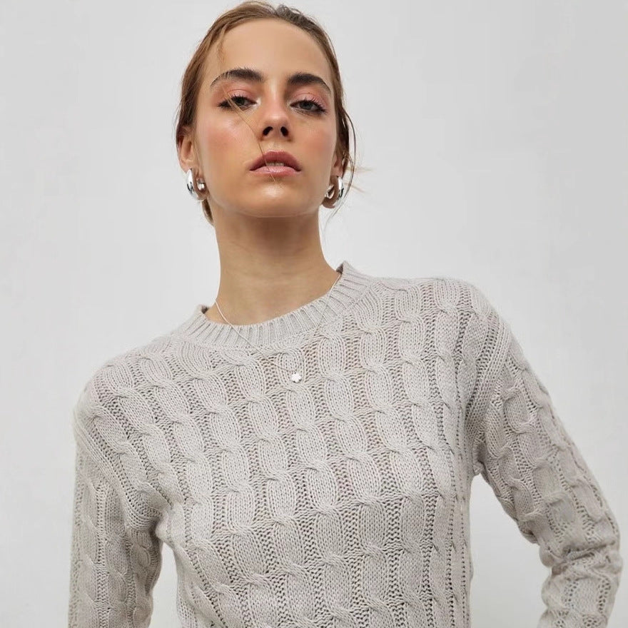 Damen Kurzgeschnittener Zopfstrick-Pullover mit Rundhalsausschnitt und Rippbündchen EB