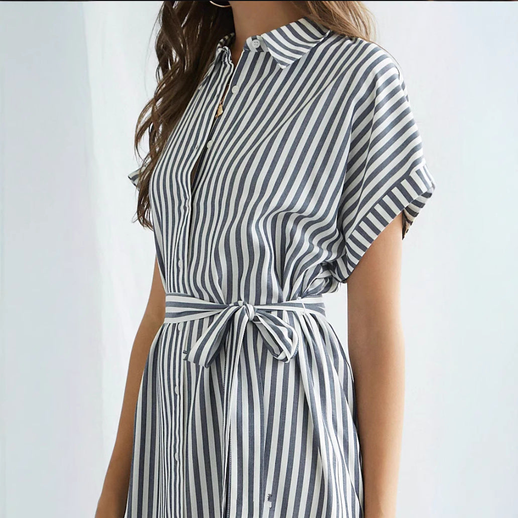 Damen Hemdblusenkleid mit Taillengürtel und modischem Streifendesign EB