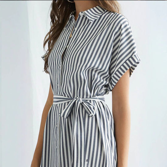 Damen Hemdblusenkleid mit Taillengürtel und modischem Streifendesign EB