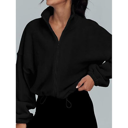 Damen trendy Oversize-Zip-Pullover mit hohem Kragen und Kordelzug EB