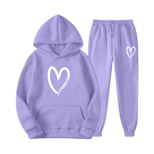 Damen Sweatsuit mit Kängurutasche und herzförmigem Print EB