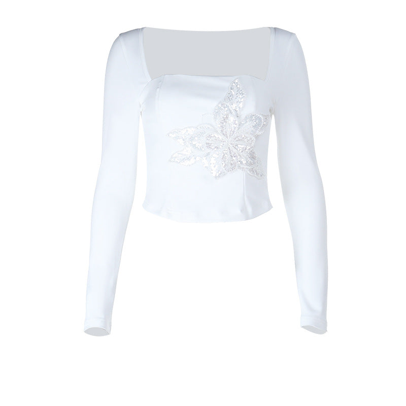 Damen Elegantes Langarmoberteil mit floralem Spitzenapplikation EB