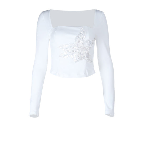 Damen Elegantes Langarmoberteil mit floralem Spitzenapplikation EB