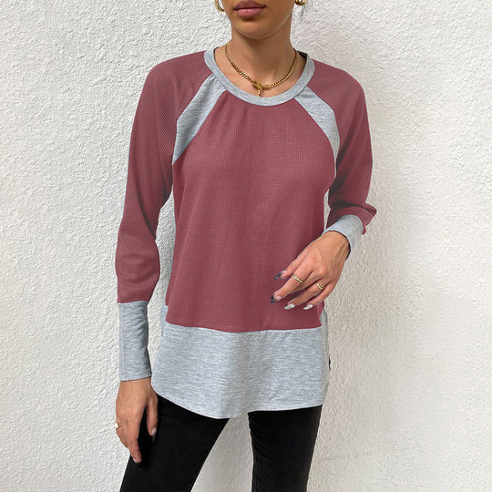 Damen lässiges Langarmshirt mit Waffle-Struktur und Kontrastärmeln EB