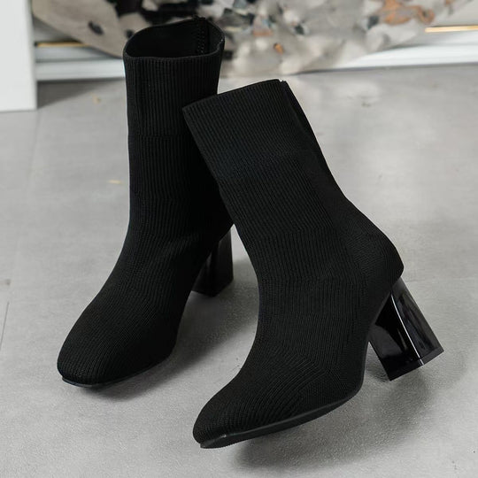 Damen Strickstiefeletten mit transparentem Blockabsatz und elastischem Schaft EB