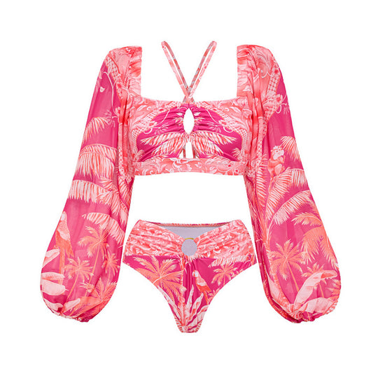 Damen Bikiniset mit transparentem Puffärmel und geflochtenem Detail EB