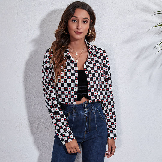 Damen Modische Karokbluse mit Herzen und cropped Schnitt EB