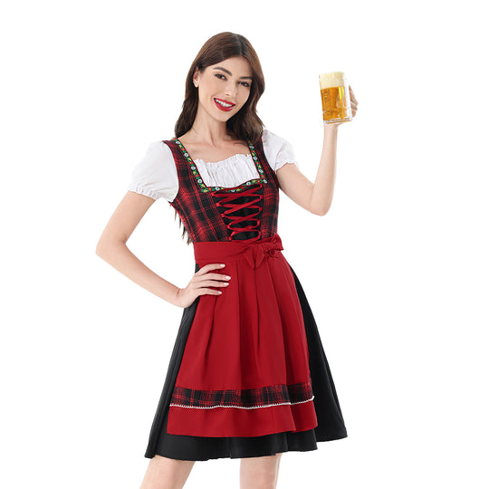 Damen nan traditionelles Dirndlkleid mit kariertem Mieder, Schnürung, Puffärmeln und Schürze EB
