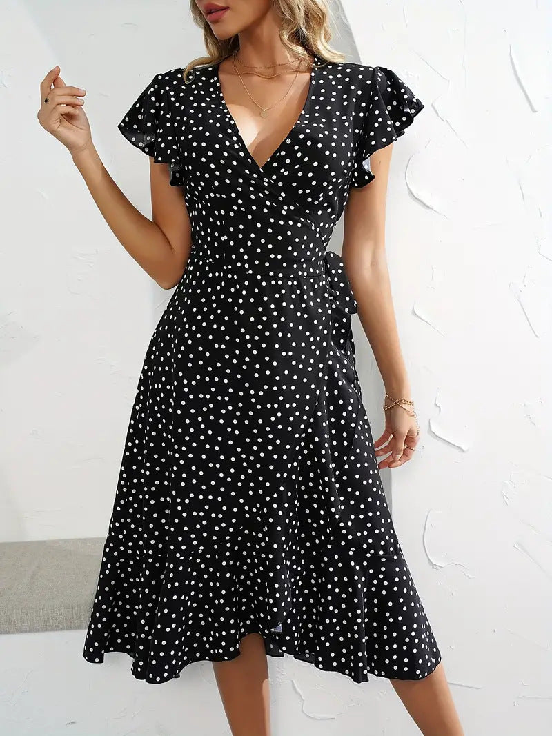 Damen Wickelkleid mit Punkten und fließendem Schnitt EB